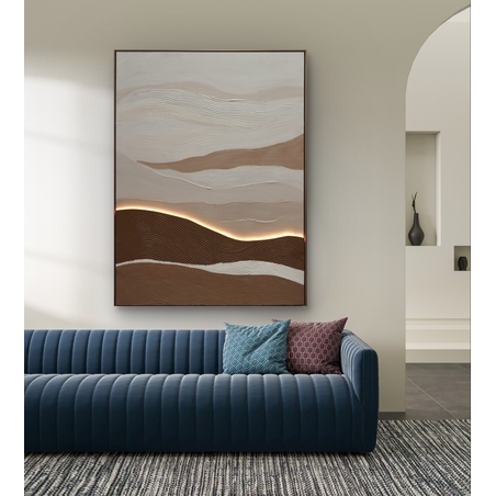 תמונת LED עבודת יד נוף אבסטרקטי בגווני שמנת וחום – מופעלת על סוללות עם שלט רחוק