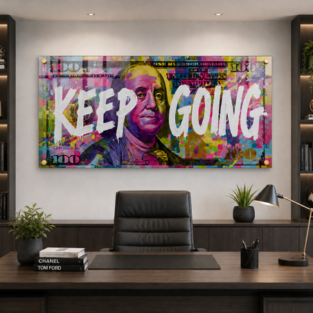 Keep Going – תמונת זכוכית מוטיבציה צבעונית למשרד ולסלון – דגם DK5482