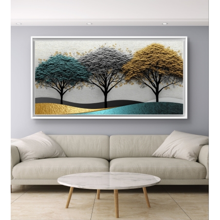 תמונת קנבס לרוחב עם שלושה עצים בגווני טורקיז, אפור וזהב על רקע גבעות עם שכבות צבע תלת-ממדיות בגווני זהב וטורקיז.