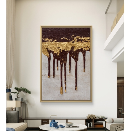 תמונת קנבס מופשטת בגווני זהב ויין כהה עם אפקט טיפות בהדפסה חלקה ללא תבליט – תכשיט לבית