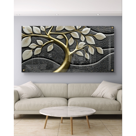 תמונת זכוכית יוקרתית עם עץ בצבעי זהב ולבן על רקע כהה ומרקם עשיר, מושלמת לעיצוב מודרני ואלגנטי של הבית.