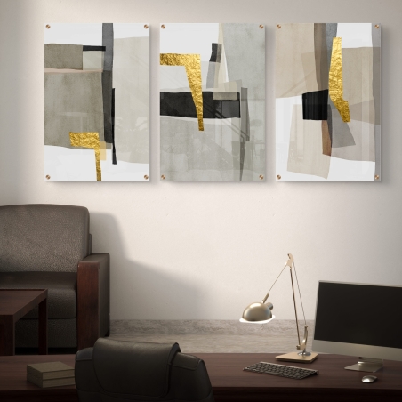 סט שלוש תמונות זכוכית מודרניות עם עיצוב אבסטרקטי בגווני בז', שחור וזהב, בהדפסה חלקה ואיכותית – לעיצוב קיר יוקרתי ומעורר השראה בסלון או חלל כניסה