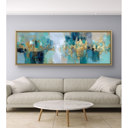 יצירת אמנות מודרנית בהדפסה חלקה עם דגש על זהב וטורקיז.