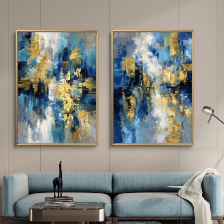 זוג תמונות קנבס מופשטות בגווני כחול, לבן וזהב עם אפקטים של עומק, ברק וטקסטורה יוקרתית
