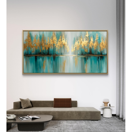 תמונת קנבס לרוחב עם עצים מופשטים בגווני טורקיז ונגיעות זהב המשתקפים במים, בהדפסה חלקה לעיצוב מודרני ויוקרתי.