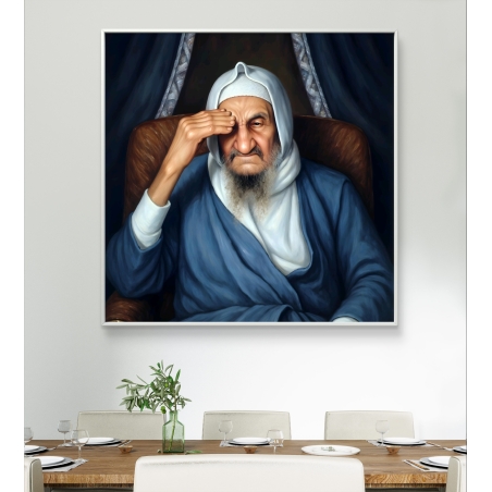 תמונת קנבס מרובעת של הבבא סאלי בצבעים כחולים עם הבעת קדושה, חלק מקולקציית תכשיט לבית.
