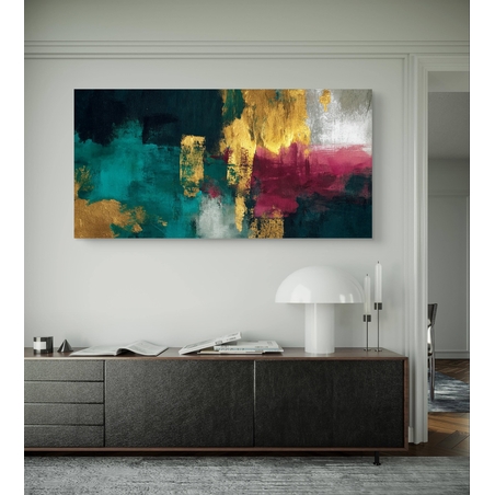 תמונת קנבס לרוחב בגווני טורקיז, זהב ובורדו בעיצוב אבסטרקט מודרני – תכשיט לבית