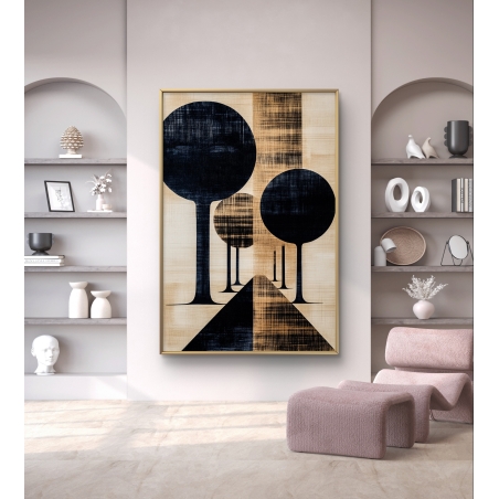 תמונת קנבס גאומטרית עם עצים עגולים בגווני שחור ובז' מתוך קולקציית תכשיט לבית