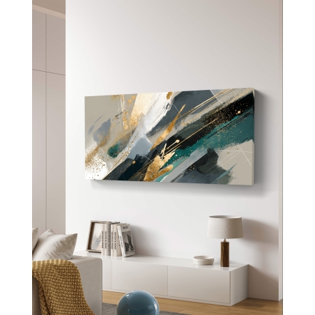 תמונת קנבס לרוחב בסגנון אבסטרקטי עם שילוב צבעי שחור, ירוק וזהב, משיחות צבע דינמיות בהדפסה חלקה על קנבס יוקרתי.