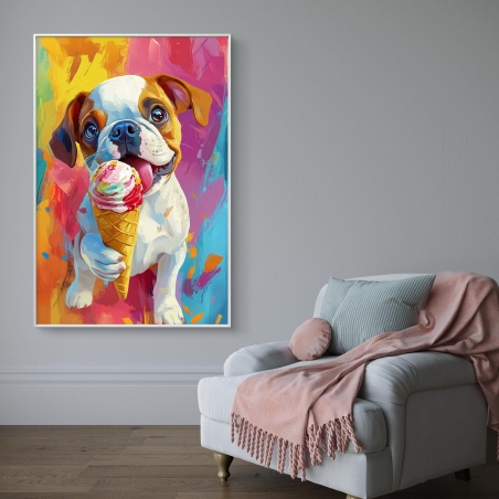 תמונת קנבס צבעונית של כלבלב שובב מחזיק גביע גלידה צבעוני, על רקע שמח בגווני טורקיז, ורוד, כתום וצהוב – מודפסת על קנבס חלק באיכות גבוהה.