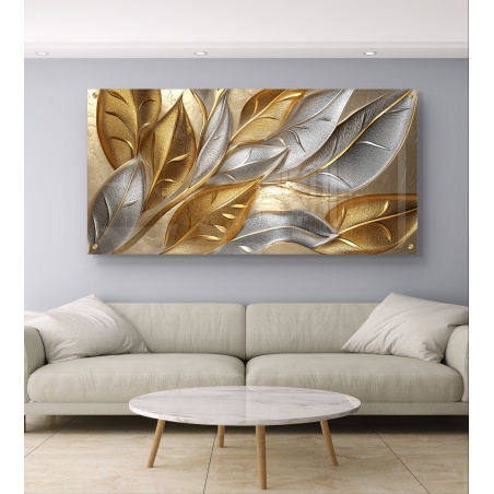 תמונת זכוכית רחבה עם עיצוב תלת-ממדי של עלים בצבעי זהב וכסף, במראה יוקרתי ומבריק המעניק תחושת עומק ואלגנטיות.