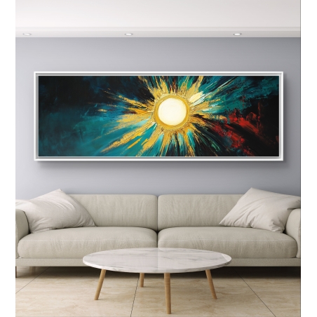 תמונת קנבס פנורמית מופשטת עם שמש זהובה בולטת על רקע צבעים טורקיז, כחול ואדום – יצירה מודרנית לחלל הבית