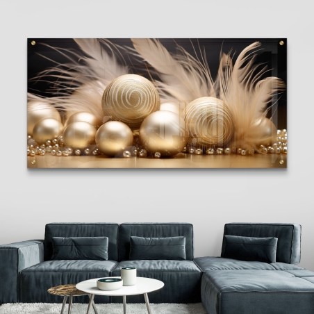 תמונה רוחבית על זכוכית עם כדורי זהב ונוצות, בעיצוב יוקרתי וחמים להשלמת מראה הסלון
