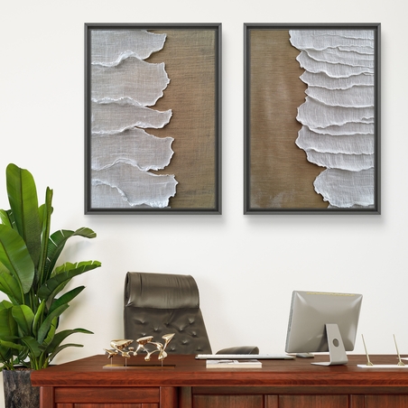 זוג תמונות קנבס בעיצוב דמוי שליכט עם שכבות מרקם טבעי בגוונים חמימים, מתאים לחללי סלון, משרד או חדר שינה, מקולקציית NEXTGEN.