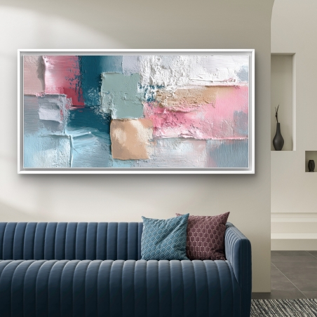 תמונת קנבס רוחבית בגווני ורוד, תכלת, מנטה וטורקיז עם טקסטורה עשירה ומרקם מופשט, בהדפסה חלקה איכותית
