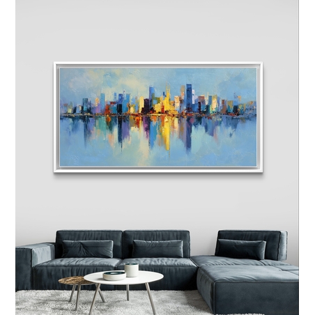 תמונת קנבס לרוחב עם קו רקיע עירוני צבעוני והשתקפות במים בעיצוב מודרני