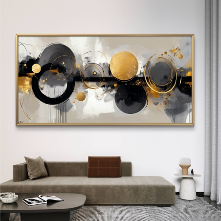 תמונת קנבס עם עיגולים מופשטים בגווני שחור, אפור וזהב, בעיצוב רוחבי מודרני מקולקציית תכשיט לבית