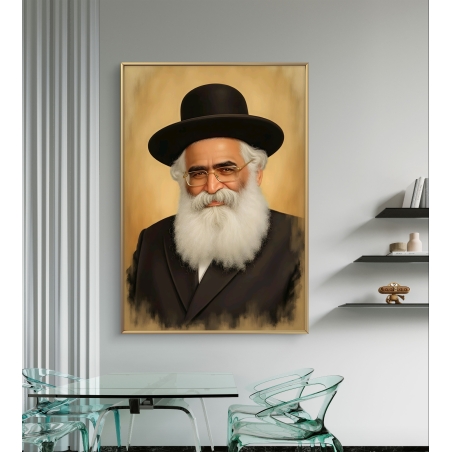 תמונת קנבס של רב מכובד עם זקן לבן וכובע שחור, על רקע בגוונים חמימים, משדרת רוחניות וחוכמה.