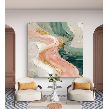 תמונת זכוכית אבסטרקטית מרובעת בגווני ירוק מרווה ורוד עם נגיעות זהב בעיצוב יוקרתי