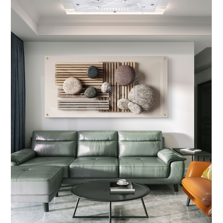 תמונת זכוכית אופקית עם אבנים מעוגלות ולוחות עץ בעיצוב טבעי-מינימליסטי בהדפסה חלקה