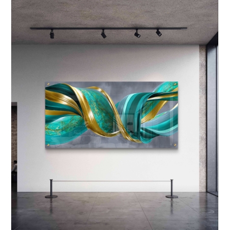 תמונת זכוכית לרוחב – סרטים מופשטים בצבעי טורקיז וזהב על רקע אפור, בהדפסה חלקה ואיכותית מבית תכשיט לבית.