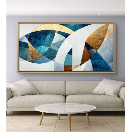 תמונת קנבס אבסטרקטית בגווני כחול, זהב ולבן בעיצוב גיאומטרי מתוך קולקציית תכשיט לבית