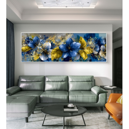 תמונת קנבס פנורמית בעיצוב פרחים כחולים עם נגיעות זהב – הדפסה חלקה ואיכותית מבית תכשיט לבית.