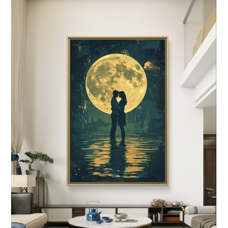 תמונת קנבס של זוג מחובק מול ירח מלא זהוב, משתקף על פני מים – יצירה רומנטית מהקולקציה של תכשיט לבית.