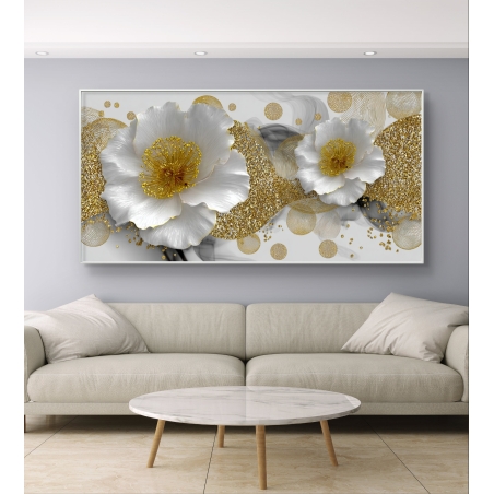 תמונת קנבס לרוחב עם פרחים לבנים וזהב על רקע לבן-שחור, בעיצוב יוקרתי ומודרני