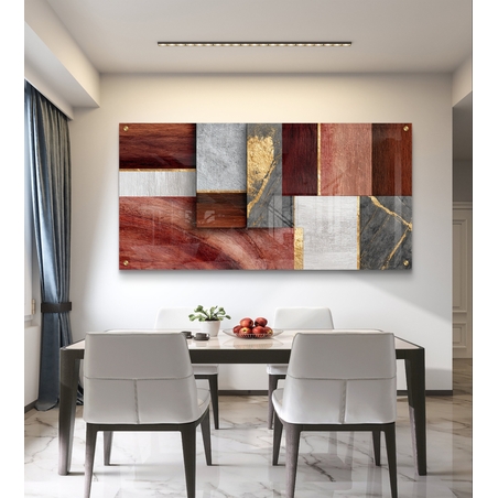 תמונת זכוכית לרוחב בעיצוב אבסטרקטי עם בלוקים גיאומטריים בגווני בורדו, חום, אפור ונגיעות זהב בהדפסה חלקה