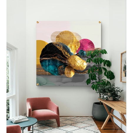 תמונת זכוכית מרובעת עם כדורים אבסטרקטיים בצבעי זהב, טורקיז, ורוד וצהוב בהדפסה חלקה וללא תבליט