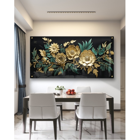 תמונת זכוכית פרחים מוזהבים לפינת אוכל או לסלון דגם 2592318