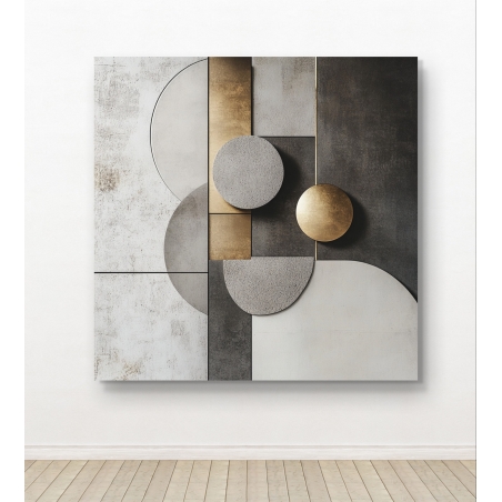 תמונת קנבס גיאומטרית עם צורות עגולות ומלבניות בגווני זהב, כסף, אפור ולבן, על רקע מרקם יוקרתי, מושלמת לעיצוב סלון מודרני או משרד יוקרתי.