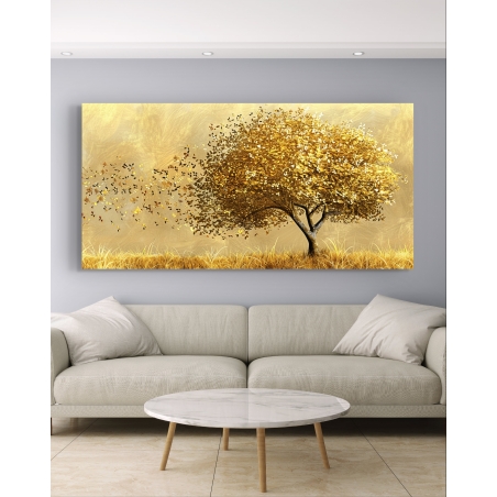תמונת קנבס זהובה לסלון בסגנון עצים 