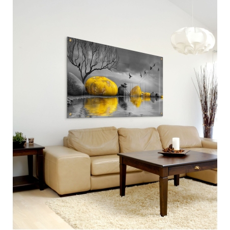 תמונת זכוכית לרוחב – אבנים גדולות בצבע זהב בוהק על רקע שחור-לבן עם עץ וציפורים, הדפסה חלקה מבריקה מבית תכשיט לבית.