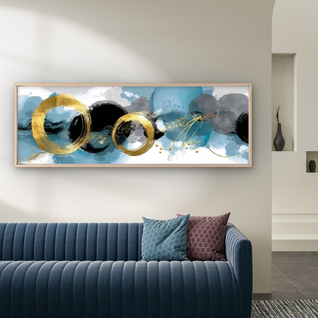 תמונת קנבס פנורמית מודרנית בגווני תכלת שחור וזהב עם מעגלים מוזהבים – תכשיט לבית