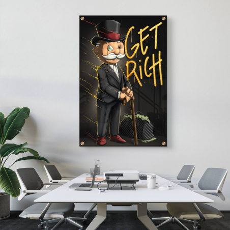 תמונת זכוכית לאורך בעיצוב מודרני – דמות טייקון עם כיתוב GET RICH, ברק יוקרתי והדפסה חלקה מקולקציית תכשיט לבית.