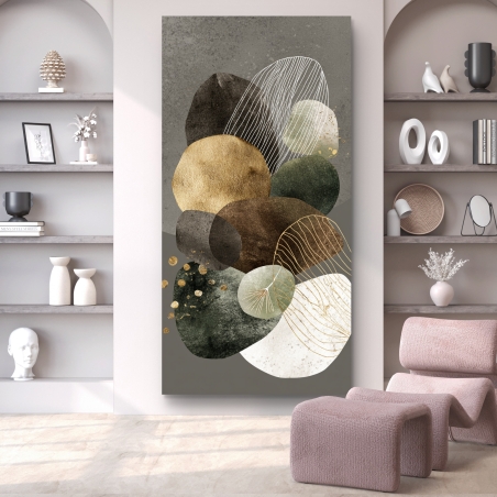 תמונת קנבס לאורך בסגנון מופשט עם עיגולים בגווני ירוק, חום ואפור בשילוב קווים עדינים ונגיעות זהב מטאלי – מבית תכשיט לבית.