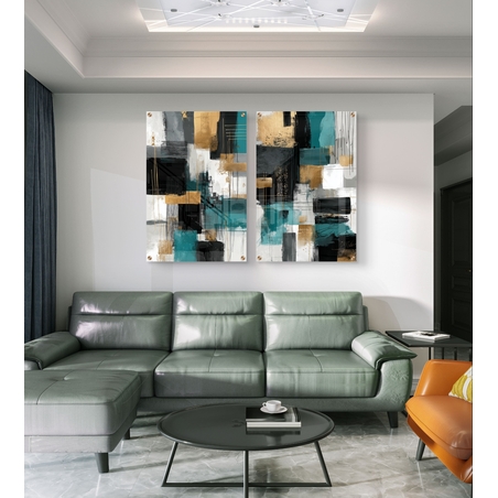 תמונת זכוכית זוגית אבסטרקטית בגווני טורקיז שחור וזהב בהדפסה חלקה מודרנית