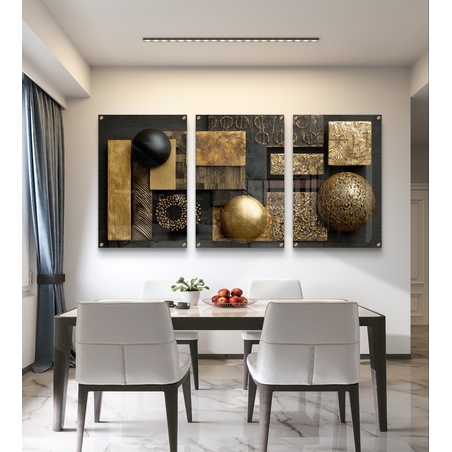 תמונת זכוכית שלשה בעיצוב גאומטרי בגווני שחור וזהב – קולקציית תכשיט לבית