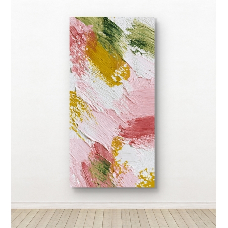 תמונת קנבס לאורך בסגנון אבסטרקט עם משיחות צבע ורודות, ירוקות וזהובות – עיצוב מודרני מבית תכשיט לבית