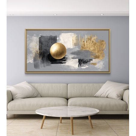 תמונת קנבס אבסטרקטית לרוחב בגווני אפור ושחור עם אלמנט עגול זהוב במרכז בעיצוב מודרני