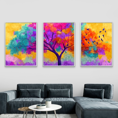 תמונת קנבס שלישייה עם עץ צבעוני בגווני סגול, טורקיז, ורוד, כתום וצהוב – קולקציית תכשיט לבית