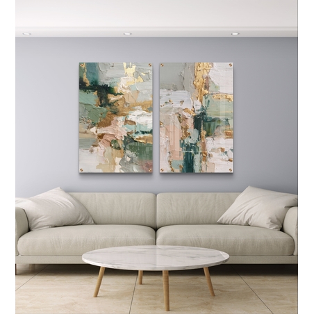 זוג תמונות זכוכית אבסטרקטיות בגווני ירוק, בז’ וזהב בעיצוב מודרני ויוקרתי לבית