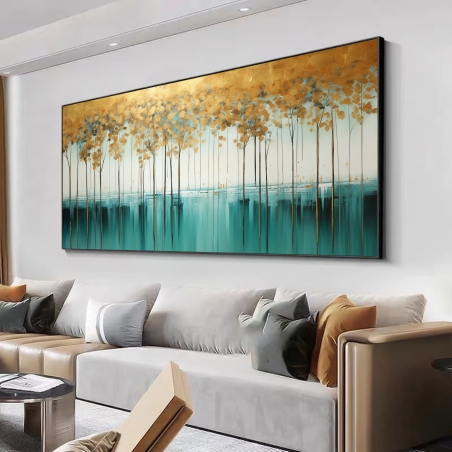 תמונת קנבס מיוחדת עצים טורקיז וזהב לסלון דגם 2807216