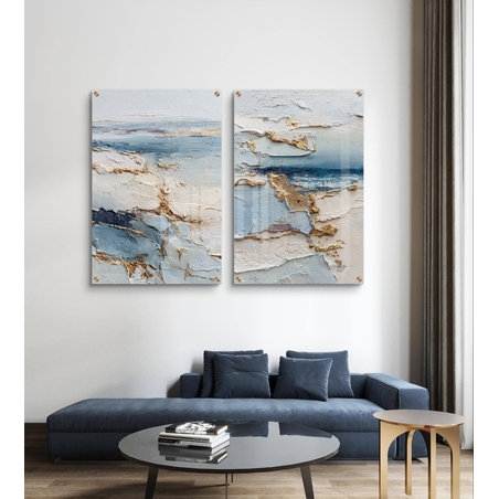 תמונת זכוכית זוגית אבסטרקטית בגווני שמנת, תכלת וכחול עם נגיעות זהב, הדפסה חלקה ללא תבליט