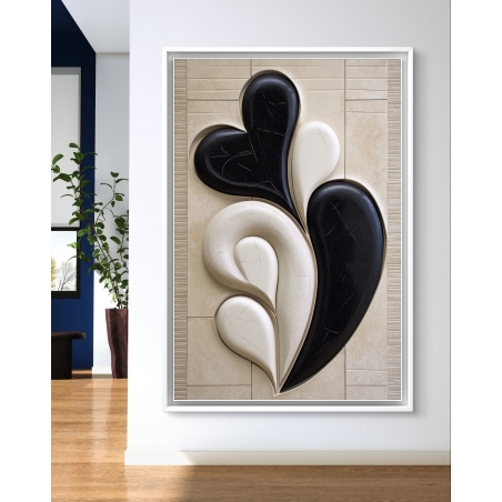 תמונת קנבס עם עיצוב לבבות מופשטים בגווני שחור ולבן על רקע בז', מתאימה להוספת טאץ' מודרני ואלגנטי לעיצוב הפנים של כל חלל.