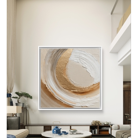 תמונת קנבס אבסטרקט בגווני בז׳ ושמנת עם קשתות זהב ומרקם מברשת מעגלי
