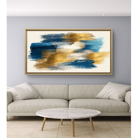תמונת קנבס מופשטת לרוחב עם משיכות צבע בכחול וזהב – תכשיט לבית