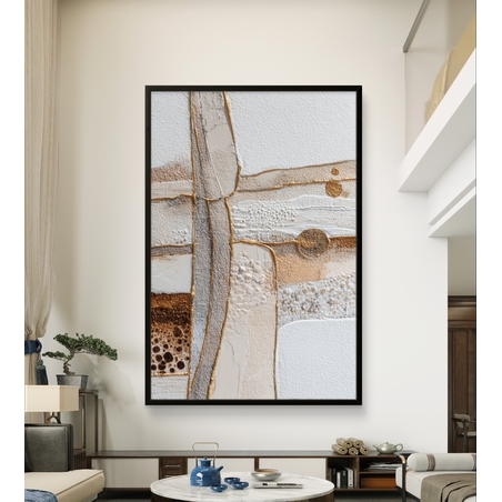 קווים זהובים – תמונת קנבס אבסטרקט טקסטורלית בלבן, בז׳ וזהב | CR6543